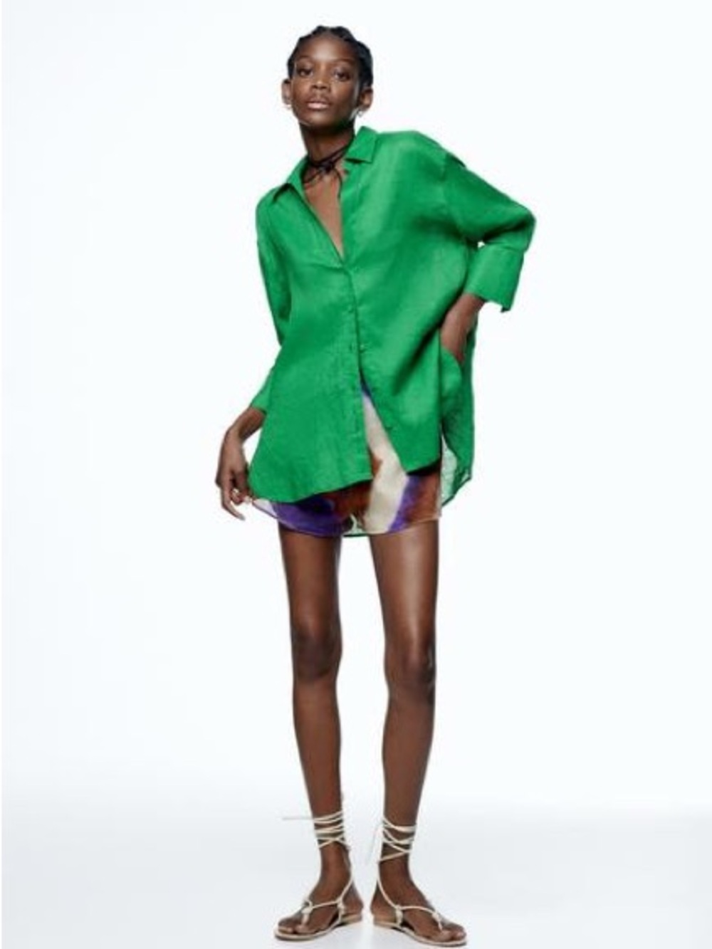 Zara Bright Green Oversized Linen Button-Down Shirt
